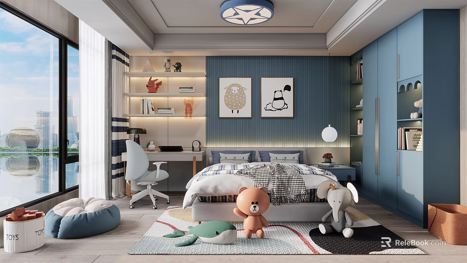 Cozy Kids Room Interior With Bed Desk Stuffed Toys And Blue Decorative Walls 3d model 