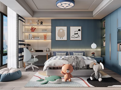 Cozy Kids Room Interior With Bed Desk Stuffed Toys And Blue Decorative Walls 3d model