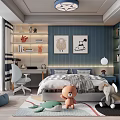 Cozy Kids Room Interior With Bed Desk Stuffed Toys And Blue Decorative Walls