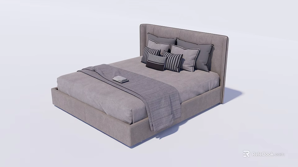 Modern Gray Double Bed with Headboard Pillows and Cozy Blanket 3d model