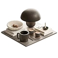 Decorative Ornament Set With Mushroom Shaped Ornament White Bowl Black Mug Candle Books And Tray