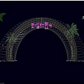 Night View Of Illuminated Decorative Arch With Sunrise Sign And Palm Trees