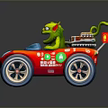 Green Animated Game Character Driving Red Racing Car With Big Wheels