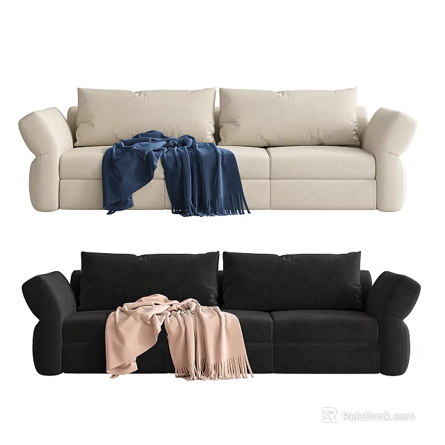 Beige Three Seater Sofa With Blue Throw Blanket And Black Sofa With Pink Throw 3d model 