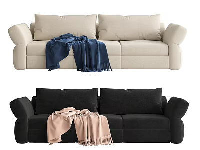 Beige Three Seater Sofa With Blue Throw Blanket And Black Sofa With Pink Throw 3d model