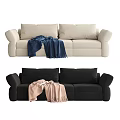 Beige Three Seater Sofa With Blue Throw Blanket And Black Sofa With Pink Throw