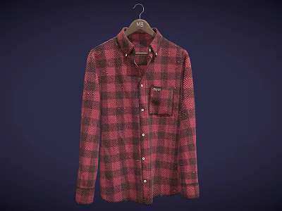 Red And Black Plaid Casual Shirt With Button Front And Chest Pocket 3d model