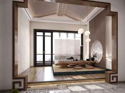 Traditional Tea Room Interior With Wooden Ceiling Sliding Doors Tatami Low Tables And Pendant Lights 3d model
