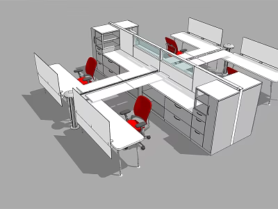 Modern Cubicle Style Office Workstations With Red Chairs Drawers And Dividers 3d model