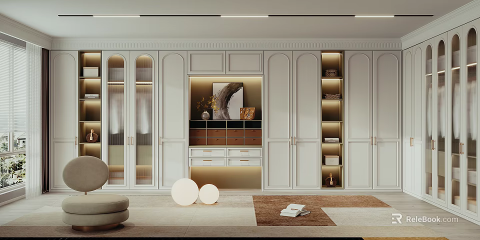Modern Walk-in Closet Interior Design With White Cabinets Glass Doors Lighting Strips And Decorative Rug 3d model 