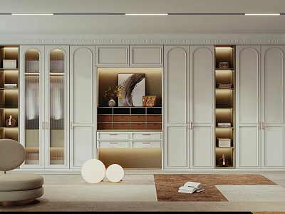 Modern Walk-in Closet Interior Design With White Cabinets Glass Doors Lighting Strips And Decorative Rug 3d model
