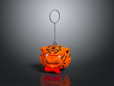 Orange Tiger Shaped Keychain With Tiger Stripes Metal Ring And Chain 3d model