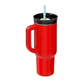 Stylish Red Tumbler with Black Lid Light Blue Straw and Handle Design