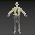 Man In Yellow Shirt Black Tie Gray Pants Brown Shoes With Arms Outstretched On Gray Background