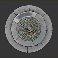 Brass Fountain With Circular Stone Base And Paved Surface With Grass 3d model