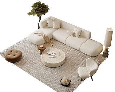 Quiet Sofa Coffee Table Combination Cream Sofa Coffee Table Combination Single Sofa Multi-Person Sofa Floor Lamp Coffee Table Potted Plant 3d model