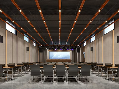 Modern Spacious Conference Room Interior With Long Table Projection Screen And Ceiling Lights 3d model