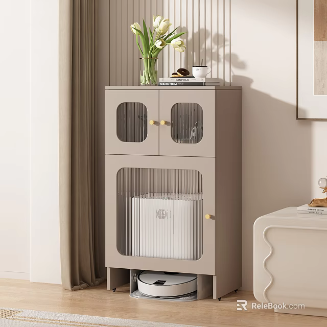 Modern Gray Storage Cabinet With Glass Doors And Decorative Vase Cup Tray 3d model 