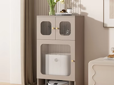 Modern Gray Storage Cabinet With Glass Doors And Decorative Vase Cup Tray 3d model