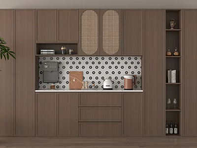 Modern Wooden Sideboard With Lattice Doors Patterned Tile Backsplash Open Shelves Decor And Wine Bottles 3d model