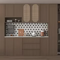 Modern Wooden Sideboard With Lattice Doors Patterned Tile Backsplash Open Shelves Decor And Wine Bottles