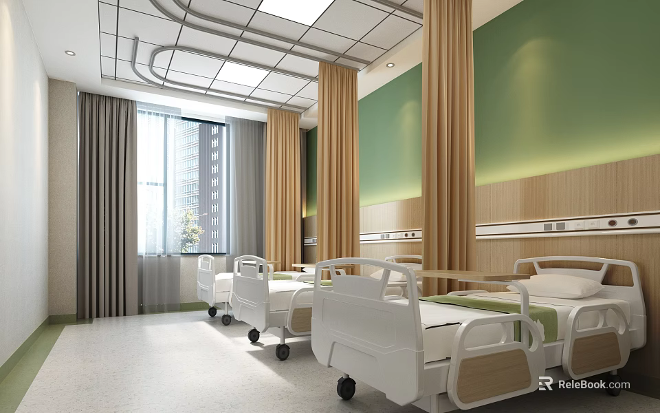Hospital Ward Interior With White Beds Green Walls Wooden Decor And Windows Curtains 3d model 