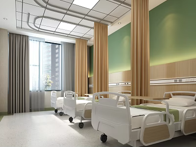 Hospital Ward Interior With White Beds Green Walls Wooden Decor And Windows Curtains 3d model