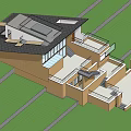 Modern Detached Villa With Sloped Wooden Roof Staircase Large Windows And Green Lawn Surroundings