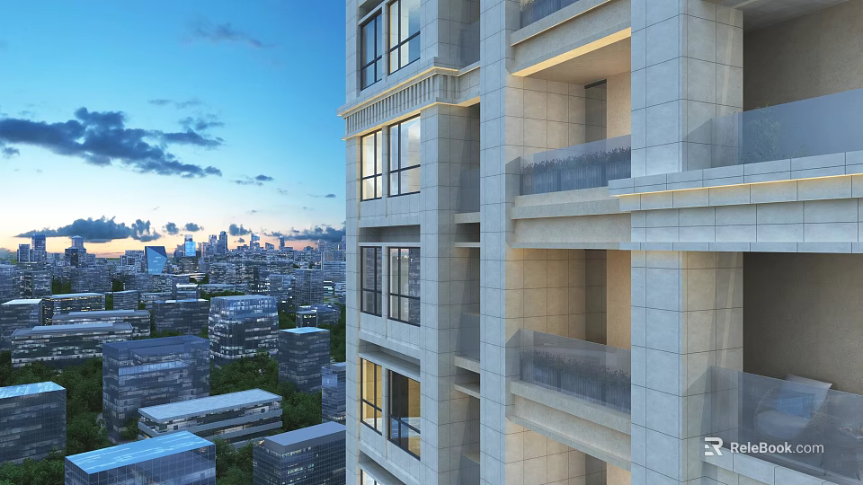 Aerial Planning of Modern High Rise Building with Urban Skyline and Glass Balconies 3d model 