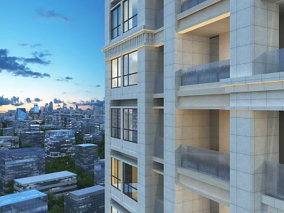 Aerial Planning of Modern High Rise Building with Urban Skyline and Glass Balconies 3d model
