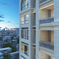 Aerial Planning of Modern High Rise Building with Urban Skyline and Glass Balconies