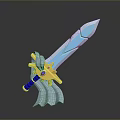 Blue And Gold Fantasy Sword With 3D Rendered Design And Decorative Hilt Details