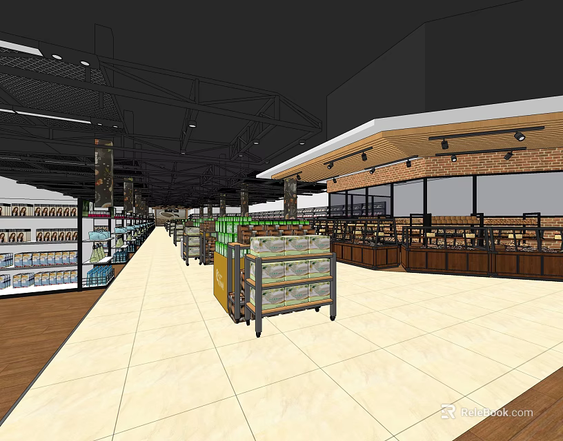 Supermarket Retail Store With Spacious Aisles Organized Shelves Product Displays And Shopping Carts 3d model 
