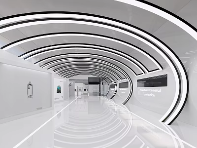 Futuristic Modern Exhibition Hall Interior Design With Curved LED Lights And Glossy White Floors 3d model
