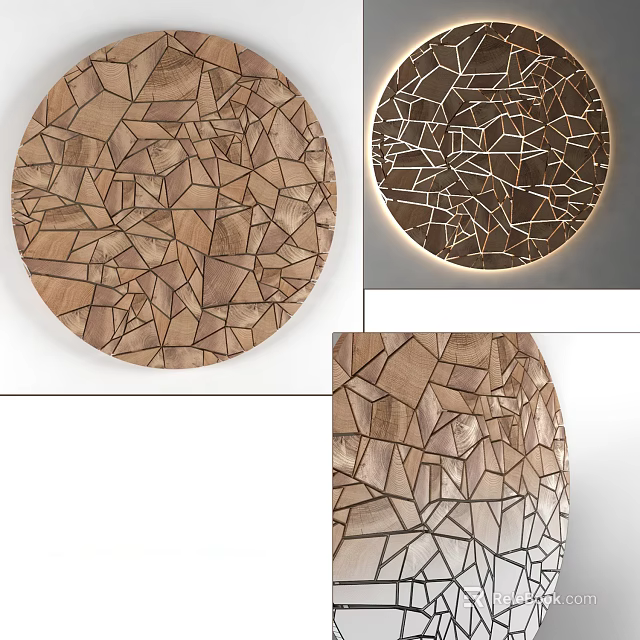 Circular Wooden Wall Lamp with Geometric Patchwork Design and Modern Lighting Effect 3d model 
