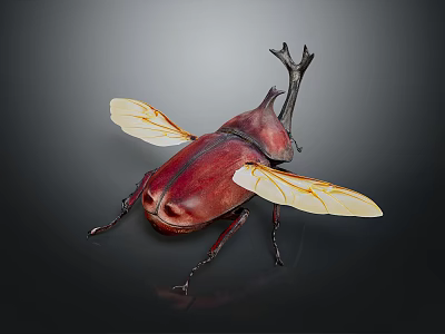 Vibrant Red Beetle With Transparent Yellow Wings And Horns As Flying Insect On Dark Surface 3d model