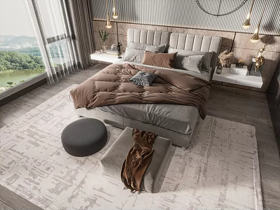 Modern Double Bed With Upholstered Headboard Plush Bedding And Floor Rug In Bedroom 3d model