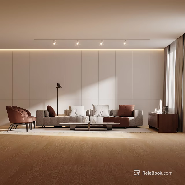 Modern Living Room Interior With Sofa Coffee Table Set And Brown Accent Chair 3d model 