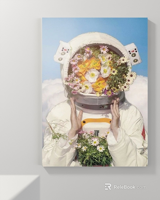 Abstract Painting Featuring Astronaut Helmet Filled With Colorful Flowers Held By Hands Against Blue Sky 3d model 