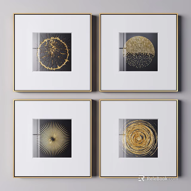 Four White Framed Wall Art Pieces With Golden Patterns On Black Background 3d model