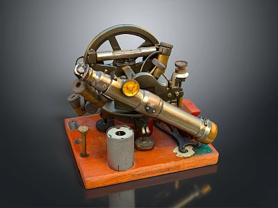Modern Display Of Vintage Surveying Instrument With Metal Gears And Wooden Base 3d model