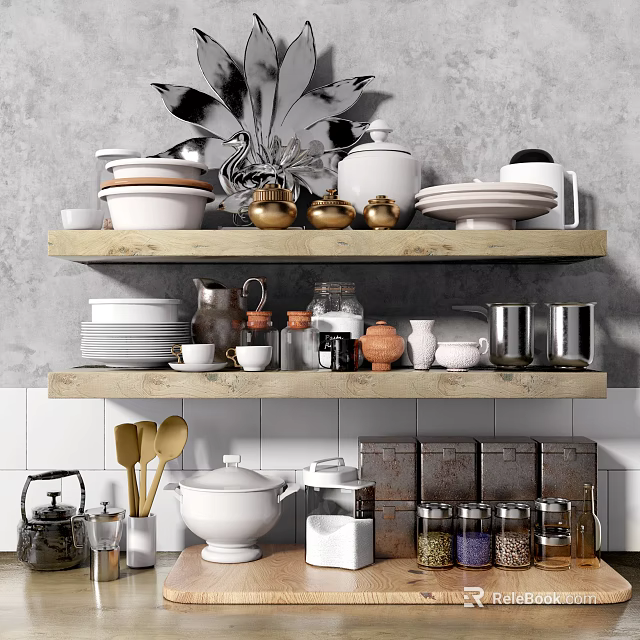 Organized Stylish Kitchen Shelves Displaying Kitchenware Plates Bowls Jars And Mugs 3d model 