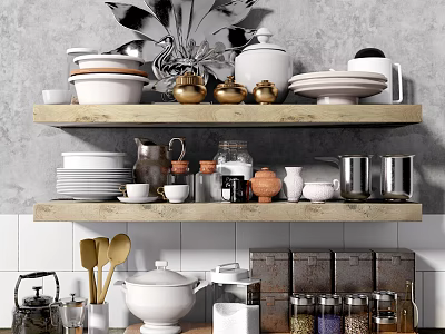 Organized Stylish Kitchen Shelves Displaying Kitchenware Plates Bowls Jars And Mugs 3d model