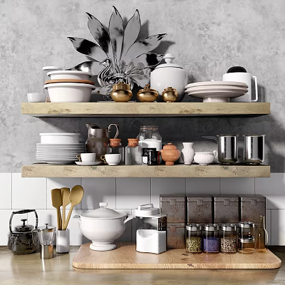 Organized Stylish Kitchen Shelves Displaying Kitchenware Plates Bowls Jars And Mugs 3d model