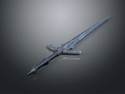 Decorative Ancient Sword With Metallic Blade Ornate Hilt Engraved Details And Red Gemstone 3d model