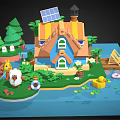 Cartoon Scene With Blue House Solar Panel Roof Green Trees Bunny Rabbits And Yellow Duck