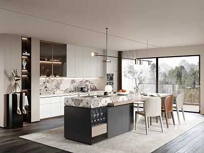 Modern Restaurant Open Design With Dining Table Chairs Pendant Lights And Scenic View 3d model