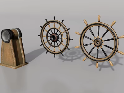 Vintage Sailing Ship Nautical Decor With Wooden Steering Wheels And Brass Spyglass 3d model