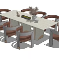 Dining Table Set with White Rectangular Top Eight Pink Upholstered Chairs and Dried Flowers Vase 3d model