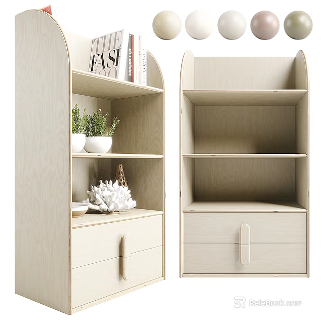 Light Wood Open Shelf Bookcase With Drawers Books Small Potted Plant And Decorative Item 3d model 
